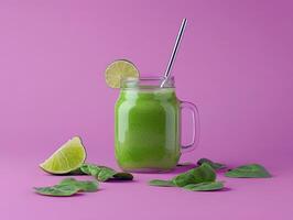 Refreshing green smoothie in glass jar with metal straw and lime on vibrant pink background photo