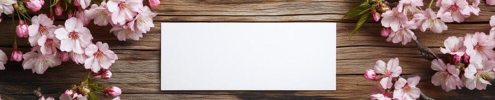 Sakura themed greeting card mockup on rustic wooden background for elegant designs photo