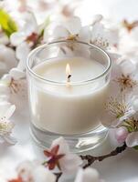 Serenity of sakura scented candle with cherry blossom accents for relaxation and home decor photo