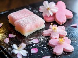 Exquisite Japanese dessert platter with cherry blossom motif for culinary inspiration photo