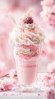 Sakura flavored parfait in tall glass surrounded by cherry blossoms photo