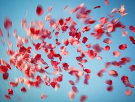 Whimsical cherry blossom petals dancing in the breeze against a clear blue sky photo