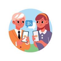 Man and woman a speaking foreight languages using an application on their phones. Cartoon flat characters. The text in chat bubble is a japanese alphabet symbol representing A vowel vector