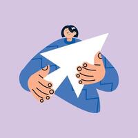 Cartoon-style woman holding a giant computer mouse cursor in a flat design. Conceptual illustration representing technology, digital navigation, and user interface. vector