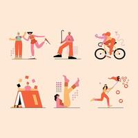 Set of cartoon flat characters engage in a variety of activities. dancing, cycling, reading, exercising etc. Active lifestyle. vector