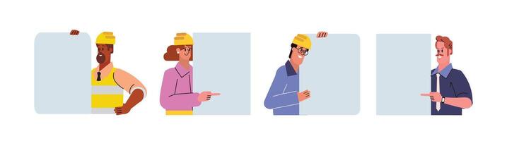 Happy construction site workers, architects indicating, pointing finger on empty banner with copy space, advertising template set. Flat design graphics illustration isolated on white vector