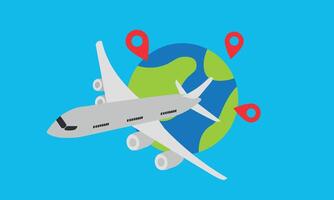 Around the world travelling by plane, airplane trip in various country, travel pin location on a global map. vector