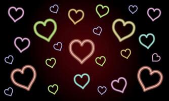 Neon Lights pattern with glow effect, colorful shiny hearts, abstract shapes on a black background vector