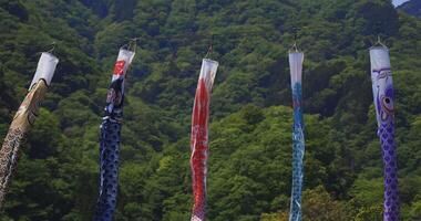 Carp streamers at Ryujin big bridge in Ibaraki daytime sunny video