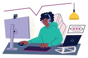 illustration of gamer playing computer game, using desktop and laptop, with gaming keyboard and mouse. Female streamer in gaming chair, live streaming her gameplay, isolated colored clipart vector