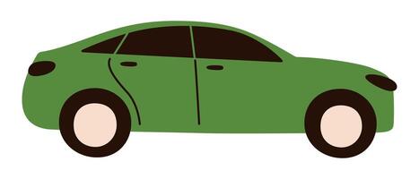 illustration of green car in minimalist and flat cartoon style. Simple side view with rounded shapes and modern look, doodle automobile icon, roid safety, transportation, and travel concept vector