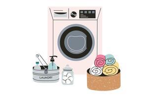 Laundry composition with washing machine, illustration of basket with rolled up towels, laundry balls in jar, and container with laundry detergent and cleaning products. Flat cartoon doodles vector