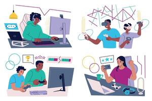 Gamers playing computer games, console games, mobile phones, virtual reality, illustration compositions set, characters chatting online with friends and streaming games. Flat cartoon style vector