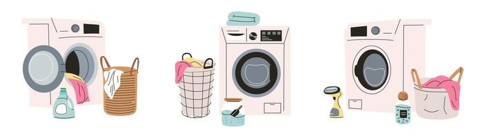 illustration set of modern washing machines with laundry baskets, detergent, and fabric care accessories in minimalist flat style, household routine, cleaning organization collection vector
