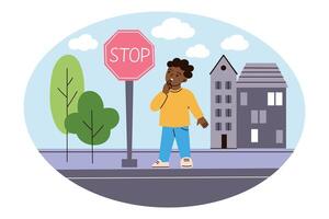 Cute illustration of child standing on sidewalk and looking at stop sign in urban setting. Little boy curious about road safety, learning signs. Buildings, trees doodles in flat cartoon style vector