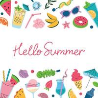 Hello summer greeting card with illustrations, flat cartoon doodle icons. Summer theme with drinks, cocktails, mocktails, fruits, sunglasses, and accessories. Bright cheerful design vector