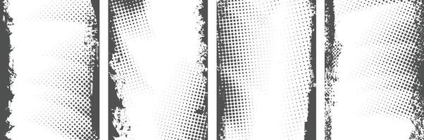 Set of black color distressed overlay grunge and halftone frame background vector