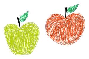 Scribble-style illustration of a green apple and a red apple with leaves, drawn in a playful and artistic manner. vector