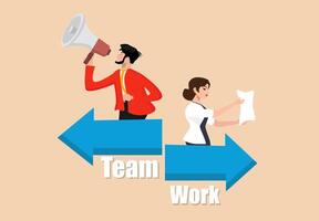 team work concept with two people holding megaphone and pointing arrows vector