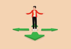A man standing on three green arrows pointing in three different directions. decision making in business vector