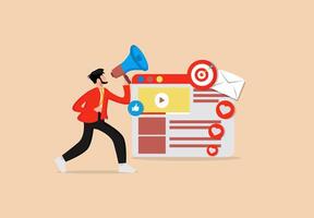 a man is holding a megaphone and pointing at a website vector