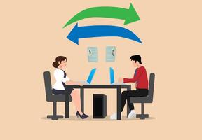 two people sitting at a table with a computer and a blue arrow pointing to the right vector