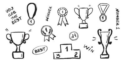 Medals, orders and winner cups hand drawn ink style set isolated on white background. Awards set in doodle style. Sketch collection for celebration decoration design vector