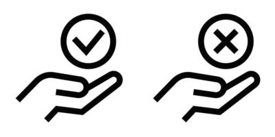 Two hands holding up a check mark and an x vector