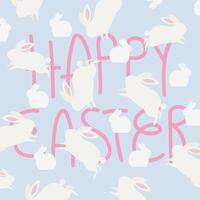 Happy Easter greeting card. Cute pattern with cute white bunnies. Rabbits print design for greeting card, invitation or background. Wild animals on a blue background vector
