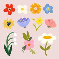 Collection of Spring abstract flower elements. Hand drawn blossom illustration for greeting card, decor, easter, sticker, print. Spring groovy simple flowers set vector