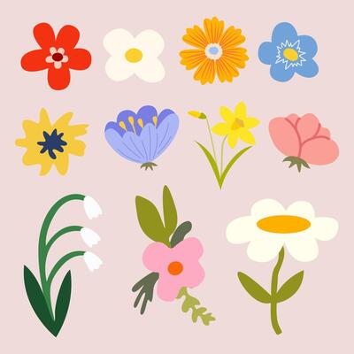Collection of Spring abstract flower elements. Hand drawn blossom illustration for greeting card, decor, easter, sticker, print. Spring groovy simple flowers set
