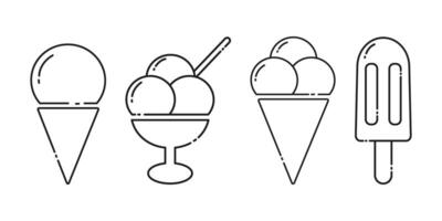 Ice cream on stick, in triangle cone and bowl linear icons Logo Sticker minimalist design idea Set 4. Isolated illustration Thematic cards, poster, leaflets, price, labels or web promo banners vector