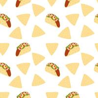 Meat filled Taco and Triangular Nacho Seamless Pattern. Traditional Mexican Food background concept. Isolated illustration Wallpaper, wrapping, delivery or web promo banner, leaflet, menu card vector