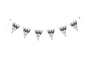 Triangular Pennant garland on rope in grayscale Monochrome Minimalist decorative design element idea. Isolated illustration Thematic cards, posting, blog or web promo labels, banners, price tag vector