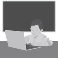 Boy with laptop sitting at desk against blackboard background in grayscale. Online study design idea. Thematic cards or web promo banner, leaflets, print materials or tags Isolated illustration vector