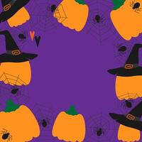 Witch caps on Pumpkins and spiders on cobweb. Colorful square frame border Copy space Template idea. Isolated illustration Thematic cards or web promo banner, leaflets, print materials or tags vector
