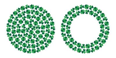 Quatrefoil and Shamrocks Circular Background Texture and Round Frame border Template Copy space Set. Isolated illustration Thematic cards, poster, price tag, label or web promo banner, leaflets vector