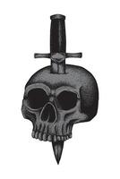 sketch tatto of a skull with a knife stuck vector