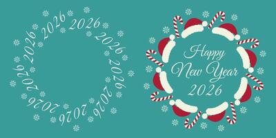 2026 and snowflakes Circular frame and Happy New Year 2026 text in Frame of Santa Hat and Candy Cane. Set. Isolated illustration Greeting or invitation cards, leaflet, label or web promo banner vector