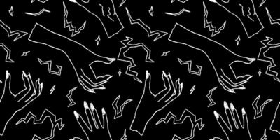 Black and White Seamless Pattern with Abstract Hand Drawn Magical Hands and Geometric Shapes vector