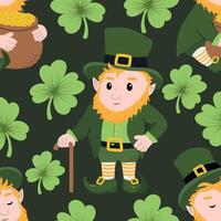 A seamless pattern with leprechauns and shamrocks vector