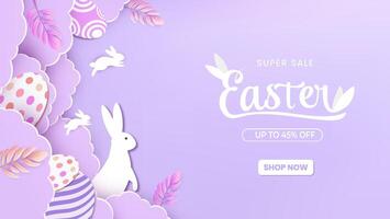 Happy Easter day concept with paper cut clouds, rabbit, eggs. Suitable for greeting card vector