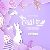 Happy Easter day concept with paper cut clouds, rabbit, eggs. Suitable for greeting card and banner. vector
