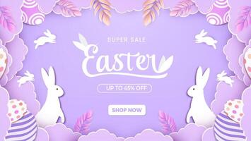 Happy Easter day concept with paper cut clouds, rabbit, eggs. Suitable for banner. vector