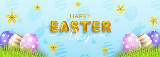 Horizontal banner Happy Easter day concept with 3d cartoon style with eggs and flower. vector