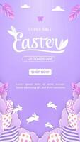 Vertical Happy Easter day concept with paper cut clouds, rabbit, eggs. Suitable for greeting card and banner. vector