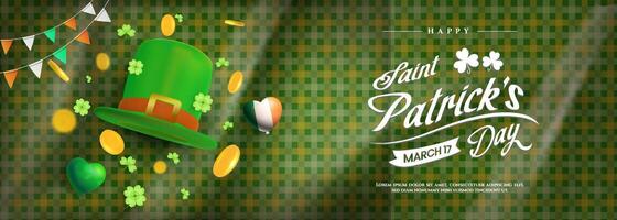Happy Saint Patricks Day with balloons , hat and realistic clover on wooden background Suitable for banner. vector