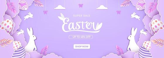 Horizontal banner Happy Easter day concept with paper cut clouds, rabbit, eggs. vector
