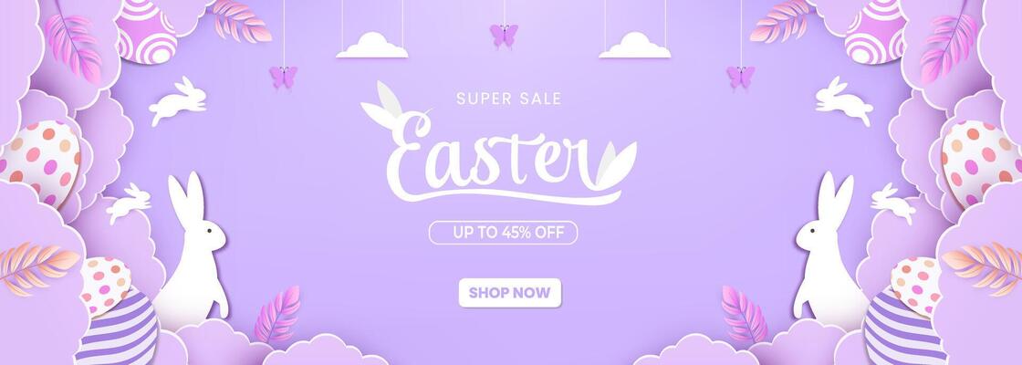 Horizontal banner Happy Easter day concept with paper cut clouds, rabbit, eggs.
