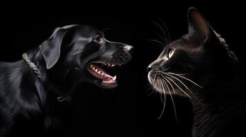 tail dog and cat on black photo